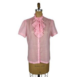 Vintage 80s Ruffle Shirt Womens Large Pink Dotted Swiss Short Sleeve Top